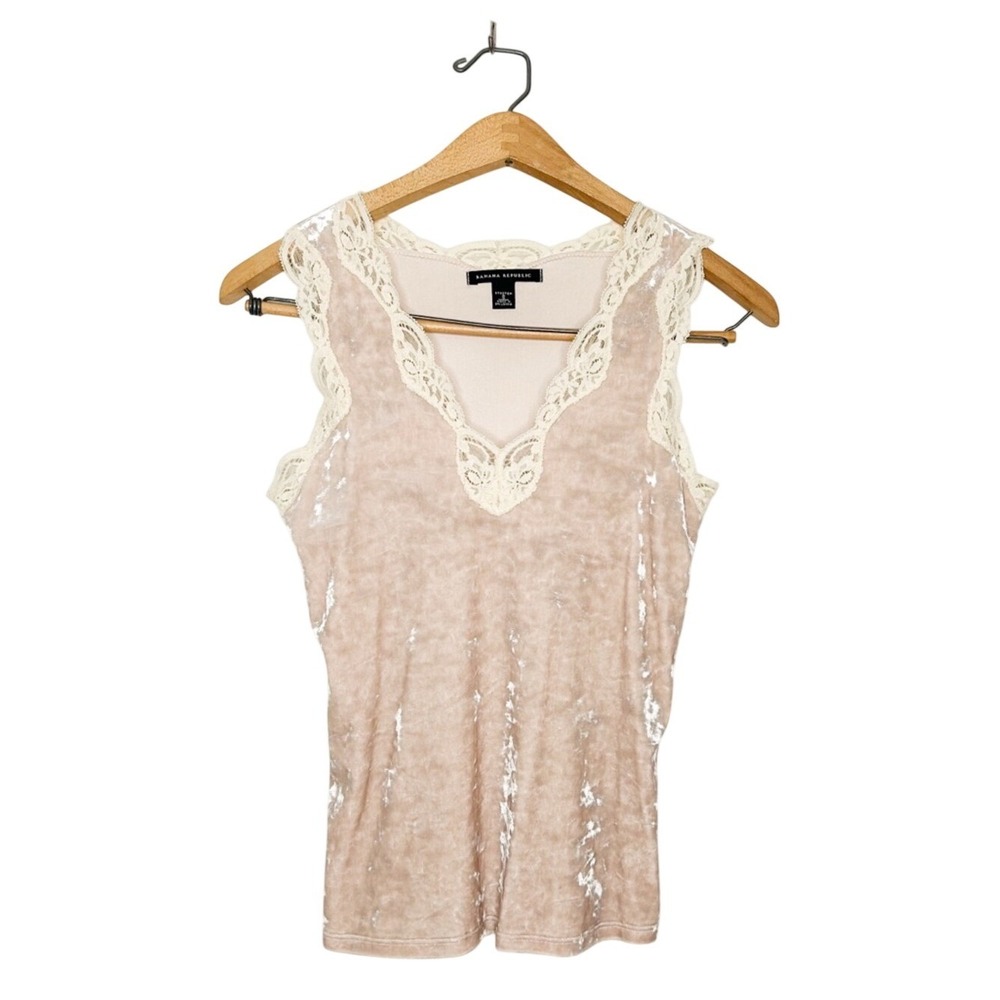 Vintage 2003 Y2K Banana Republic Crushed Velvet Lace Tank Top Blush Pink Small S